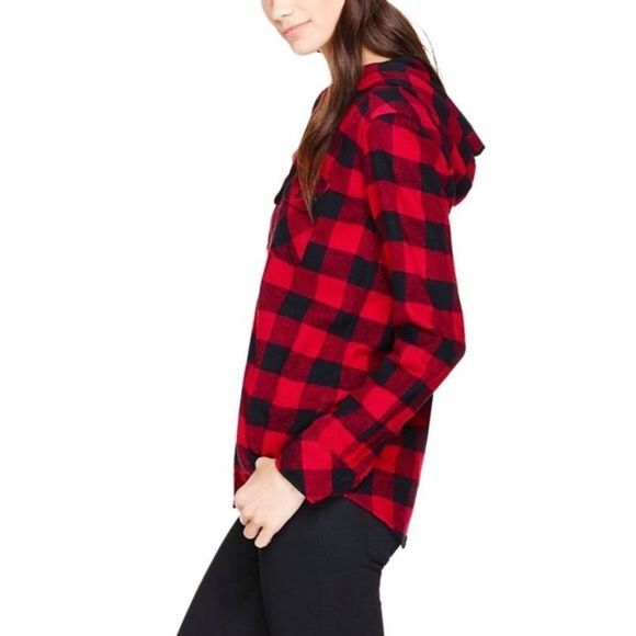 Aritzia Tops - Aritzia 𝅺TNA Women's Brewster Red Buffalo Plaid Hooded Button Up Shirt Size XS